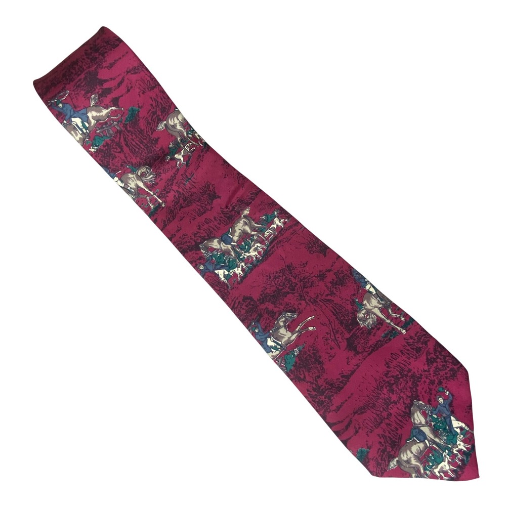 VTG Moore's Equestrian Horse Fox Hunt Silk Tie Burgundy Navy Hunting‎ Dog 57x4